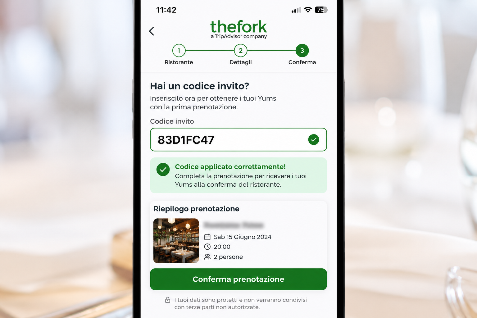 Codice invito 83D1FC47 inserito nella prima prenotazione TheFork