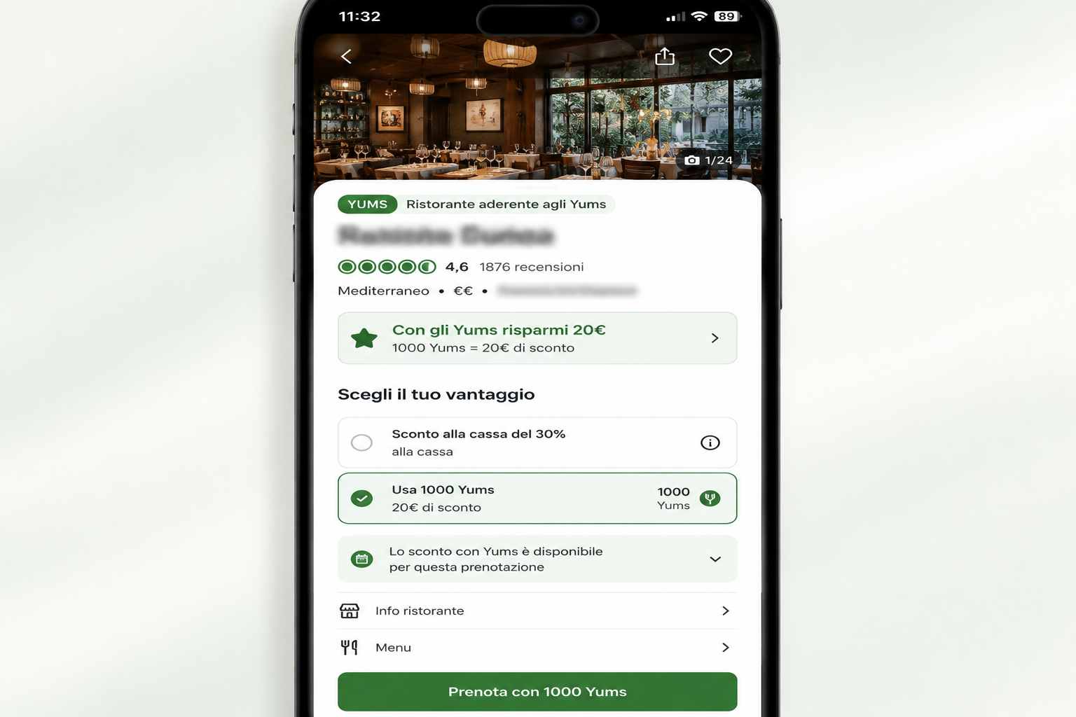 Ristorante aderente agli Yums con sconto fedeltà da 20 euro